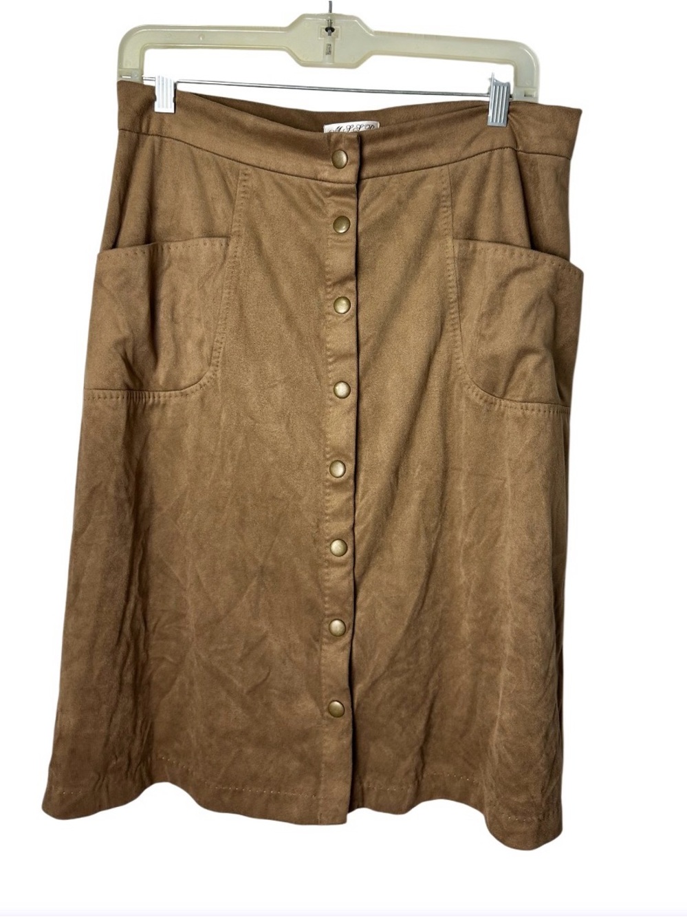 Button-Front Suede Look A-Line Skirt in Brown